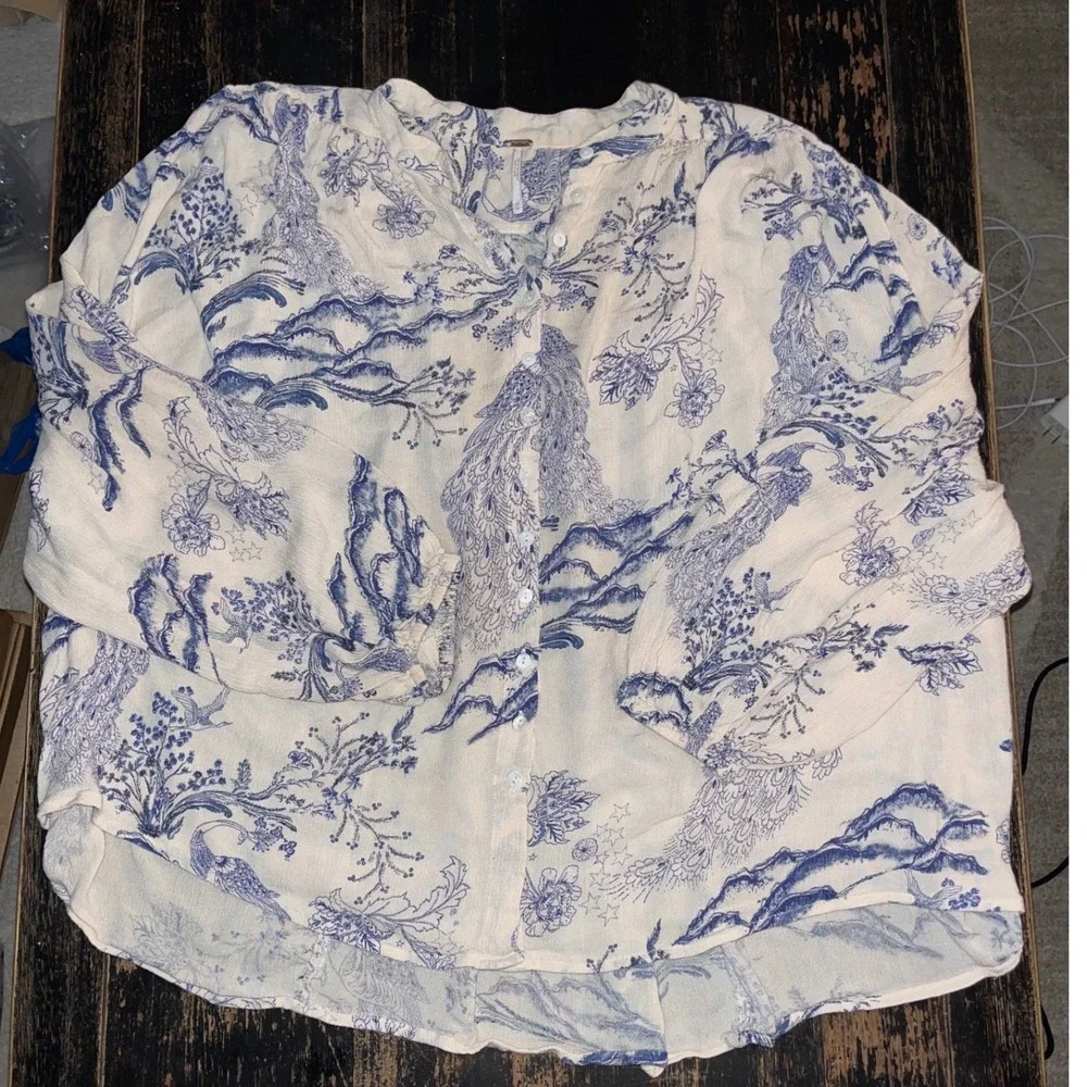 Free People Peacock Toile Print Tunic Top Blue Cream Oversized Blouse XS